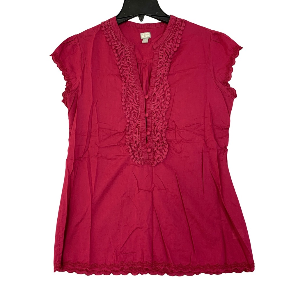 Converse One Star Women's M Pink Crochet Trim Henley Top 100% Cotton